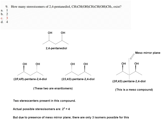 9. How many stereoisomers of 2,4-pentanediol, CH:CH OH)CH CHCOH)CHs, exist? a. d. 4 он OH 2,4-pentanediol Meso mirror plane о