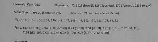 Formula: CisHasNO IR peaks (cm): 3423 (broad), 3350 (overlap), 1728 (strong), 1585 (weak) Mass Spec: base peak (m/2) - 136 UV