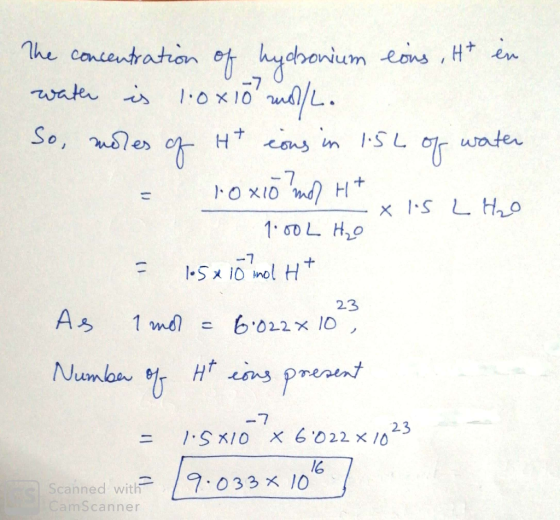 A The concentration of hydsonium cons , Ht in water is 1:0x10 mol/l. So, moles of Ht cons in 1.5L of water = loxio mo? H+ 1.