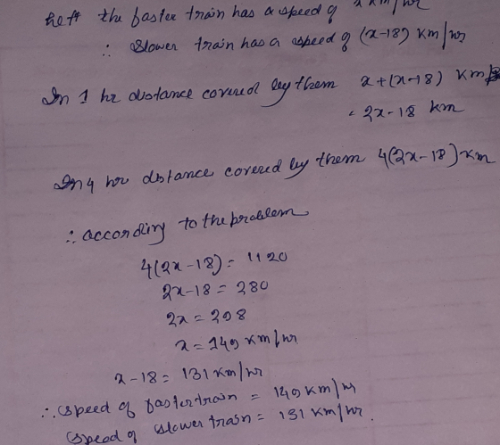 het the faster trân has a speed of the Slower train has a speed of (x-18) km/ws In 1 hr distance covered the them a +(248) km
