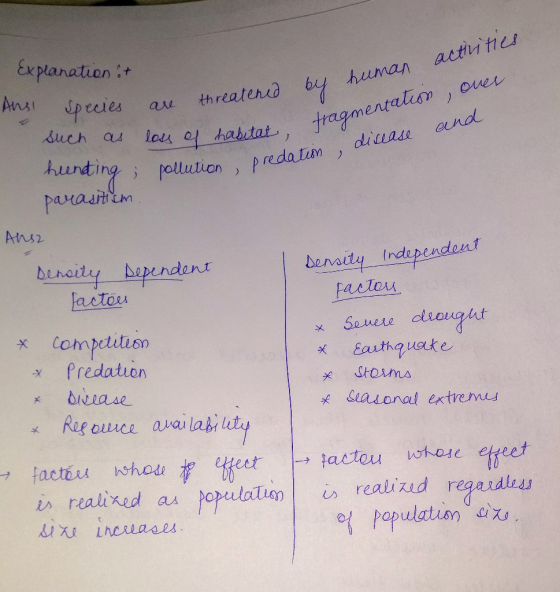 activities by human are threatened Explanation : Ans species are such as loss of habitat, hunding; pollution, prede ecles hab