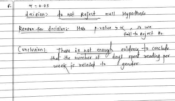 f. q=0.0S decisions do not Refect hull Hypothesis Reason for decisionin parale poralue & Hede so we fail to Reject Ho. Conclu