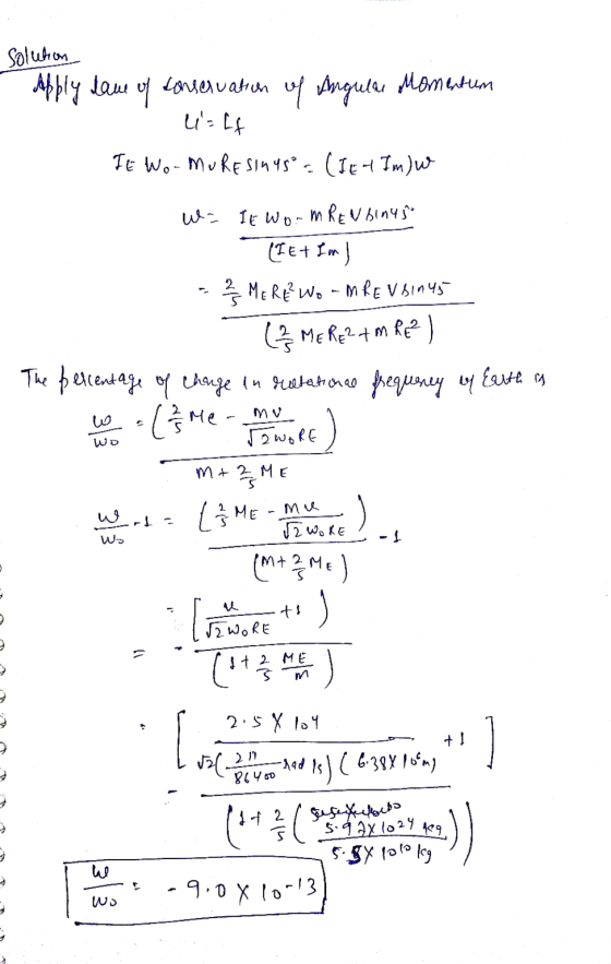 Solution Apply loы conservation of Angular Momentum ei=ff It wo-muresin45° = (IEt Im) w г. W = It worm RENDIMUS (IEt lm) 2/2
