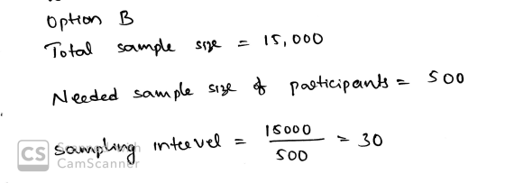 Sa Option B Total sample size = 15,000 Needed sample size of participants = 500 cs sampling inte vel = Soos 30 Soo