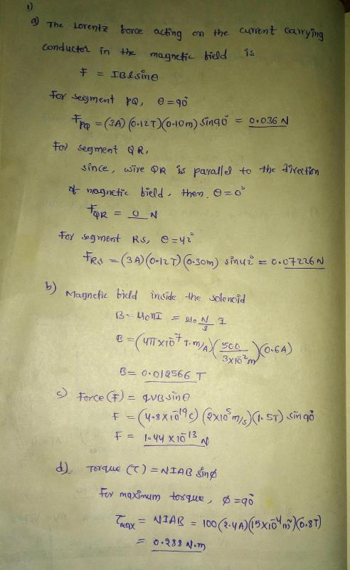 g) The Lorent굿 borce aceng on the Conductot inthe magncti Har segment ro, e=90 Fo) segment R, es飞(34)(0-izr)@son) sinule c.c