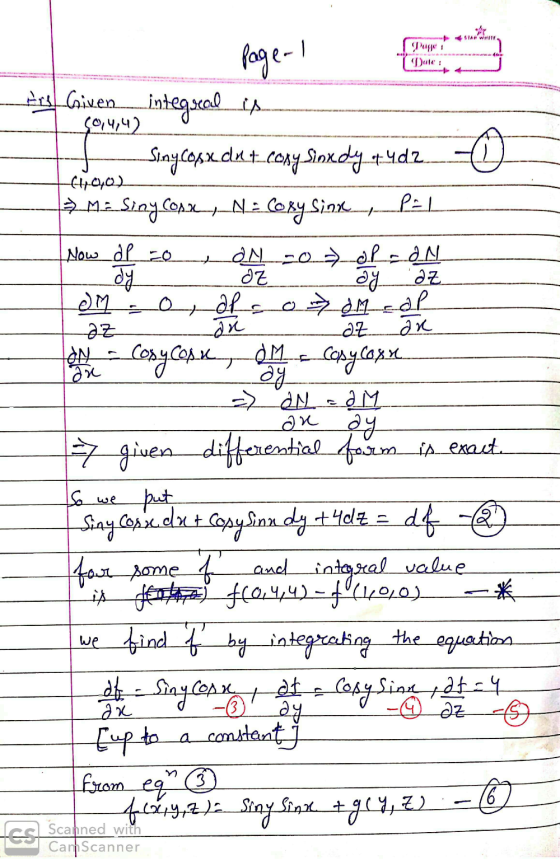 AT Page 1 Dule : Ersl. Given integscal is ftp cha) + سلام an an ay $0,4,42 Sinycosxdat.cony Sinxdy 4:402 ☺ > M2.Stay conx, N