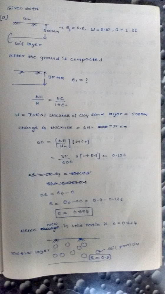 Given do ta. G L S00mm soil taye r Aiter the greund is cempacte d H = Tn tial thicknes of clay sand layer =.soo mm change ioi