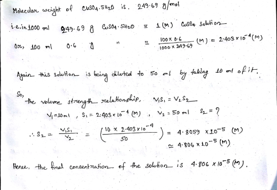 Molecular, ωeightof euso4 .sıh0 is. 249.69 g/m 100 χ 0.6 100 249.69 this solu Hon_ is o 50 So 10 x 2.403 x lo 50 4 806 x Lo (