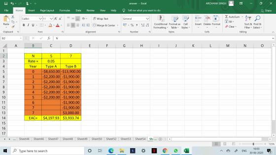 answer - Excel ARCHANA SINGH Х File Home Insert Page Layout Formulas Data Review View Help Tell me what you want to do 4 Shar