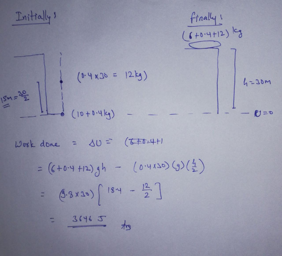 Initially finally! (6+0.4+12) kg (0.4x30 = 12 kg) h=30m ( 10 + 0 +44) - - - - B=0 Work done – su= (b +0:41 18 .4 - = (6+0-4 +