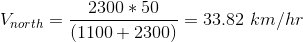 V_{north}=\frac{2300*50}{(1100+2300)}=33.82\ km/hr