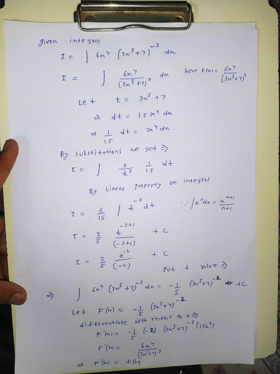 given integral I = I onu (323+7) de dre here Flul = Gay 3 I = کہر3) - Grey (325 +7) t = 345 +7 Let dt= 1524 de こ ① I dt. z dn