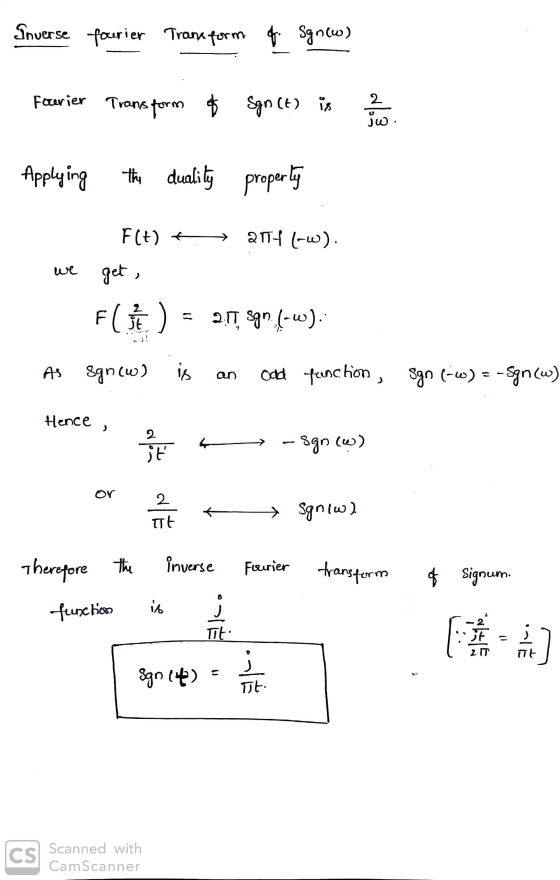 Inverse fourier Transform of sgnew) Foerier Transform of Sgn (t) is 22 23 Applying the duality property F(t) + 204 (w). we ge