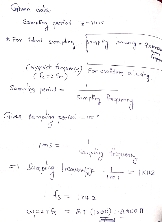 Given data, Sampling period *For ideal sampling period Is aims sampling frequency 2x message signal frequent cuyquist frequen