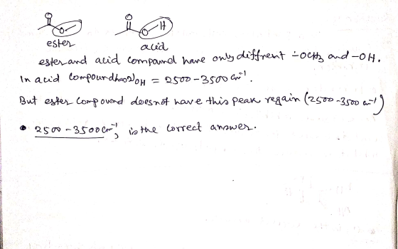 17 estes alia ester and acid compound have only diffrent tochty and-OH. In acid compound has oH = 2500-3500 ano But ester com