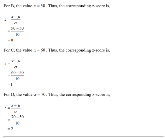 For B, the value x = 50. Thus, the corresponding Z-score is, x-u 2=- 50 - 50 10 = 0 For C, the value x = 60. Thus, the corres