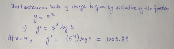 Instantaneous rate of change rate of change is given given by derivative of the function 5k X y = =) y = 5 log 5 y = (54) dog