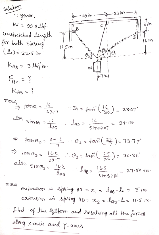 Solution 23in - -zgin c Sim ak 16in 16.5in given, We 99.8 lbf. unsketched length for bath spring (o)= = 22.5 in. Kag= 3 lbfli