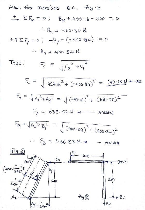 Also, for member BC, Rigib to E Fee =0; Box + 499.16 - 900 =0 .: Bx = 400.84 m. +1 [fy = 0; -By – (-400.84) = 0 .. By = 400.8