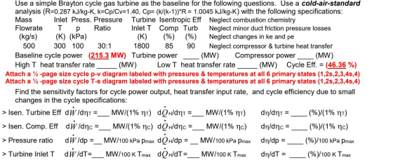 Use a simple Brayton cycle gas turbine as the baseline for the following questions. Use a cold-air-standard analysis (R=0.287