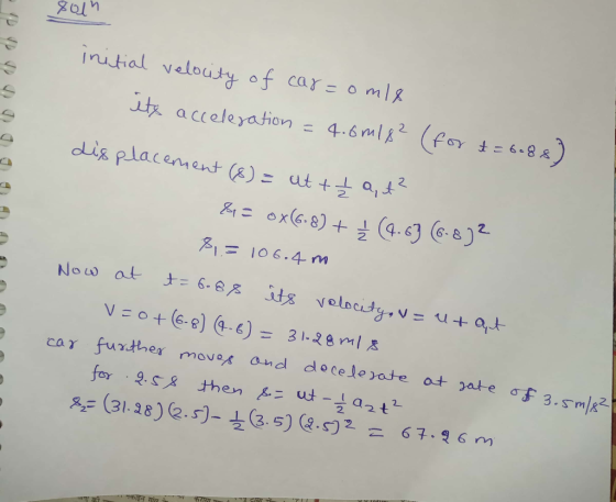 sol initial velocity of car=om18 its acceleration = 4.6m18² (for t=6688) displacement (8) = ut t I a, ut? &= ox(6-8) + ļ (4.