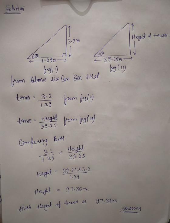 solution 1 Height of tower. 13.2m so 1-29m- +39-25m lug (19) fg (1) from Above we can see that tano = 3.2 tano 1.28 from fy (