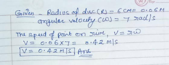 Given Radius of dusc (R) - 6 CM = 0.06M angular velocity Ccod= y rads The speed of point on rum, v=5w V = 0.06x7a 0.42 MIS V