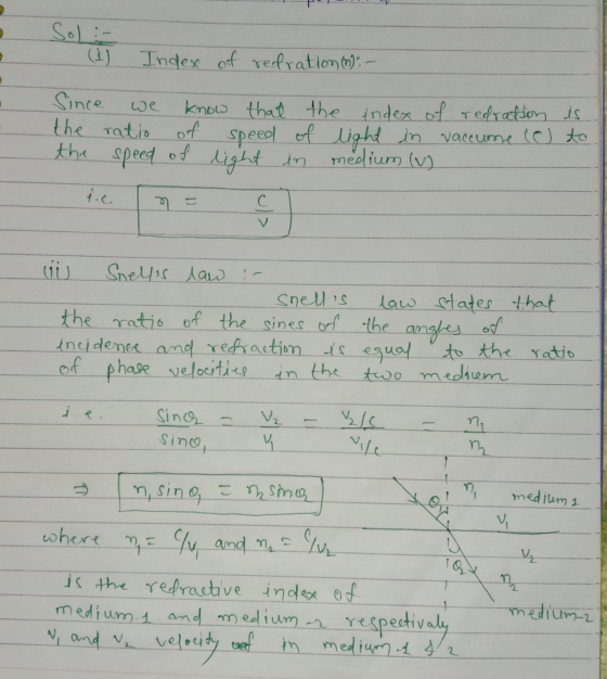 Soli- Index of refration (n) - we Since know that the index of redration is the ratio of speed of light in vaccume (o to the