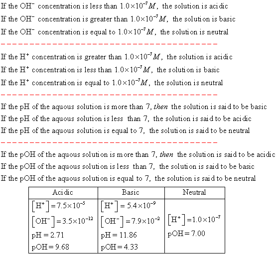 If the OH” concentration is less than 1.0x10-M, the solution is acidic If the OH” concentration is greater than 1.0x10-M, the