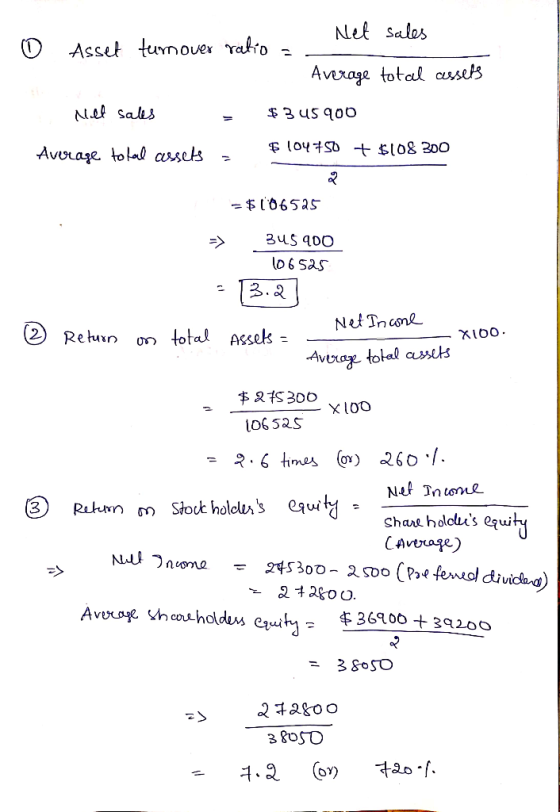 Net sales 0 Asset tumover ratio = - Average total assets Nel sales $345900 Average total assets = $ 104750 + $108 300 = $1065
