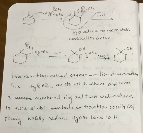 Conc OAC На ова Hg H2O H₂O allack to more stable Carbocation center OH2 ОН OH HOOAC -+ + H HGOAL Nabite 42 ar hud erot This r