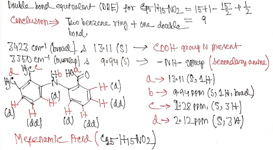Double bond equtualont (ORE) fer Ep15 NO,_ = 15+1- 15 Csneluston wo benzene ring t one doukle bond 3423 cv(brea 1311 (S) 330e