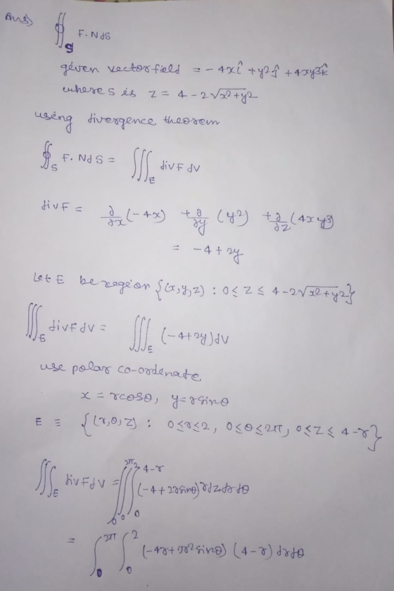 Aus) F.NDS geven vector field - 4xê +42h+4x4 3k wheres is z=4-2/22 +42 using divergence theosam F. Nds = SS. s divf du VE fiv
