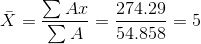 \bar X=\frac{\sum Ax}{\sum A}=\frac{274.29}{54.858}=5