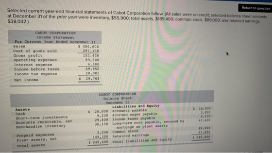 Return to question Selected current year-end financial statements of Cabot Corporation follow. (All sales were on credit: sel