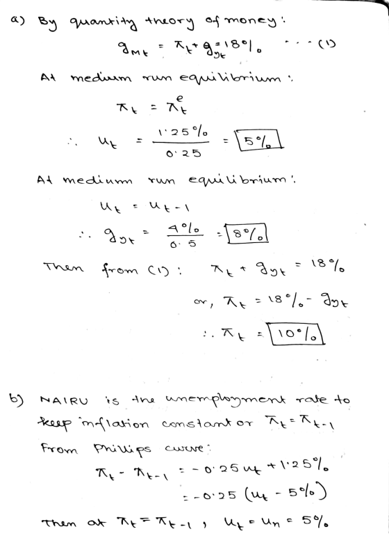 gma () a) By quantity theory of money. Tigo 8º7. At medium run equilibrium Tu 125% 5% 자 ut O 25 At medium run equilibrium: