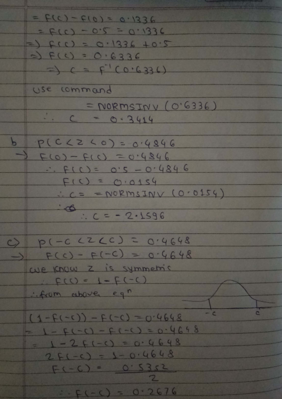 F(c)- flo) = 0.1336. - Flo) - 0.5 = = 0.1336 =) fro= 0.1336 to 5 - F(c) = 0.6336 - c = f (0.6336) use command = NORMS INV (0
