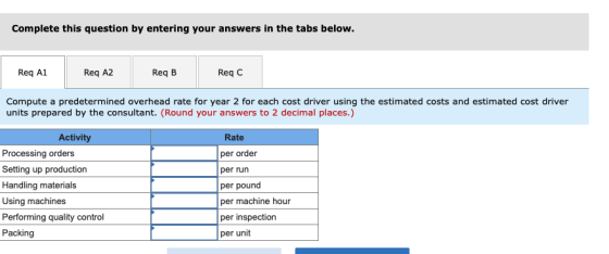 Complete this question by entering your answers in the tabs below. Req A1 Req A2 Req B Reqc Compute a predetermined overhead