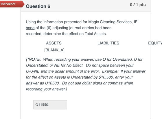 Incorrect Question 6 0/1 pts Using the information presented for Magic Cleaning Services, IF none of the (6) adjusting journa
