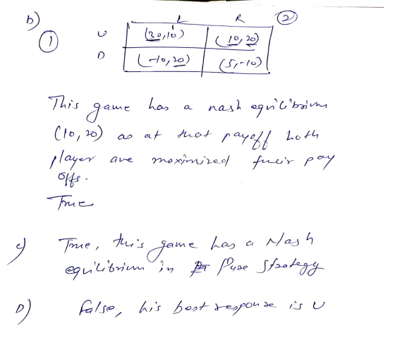 L ㄴ R o (30,16) (1920) D H0, 20) (5,10) as at has nash equlibrin that payoff both maximised fuer pay This game (10, 20) playe