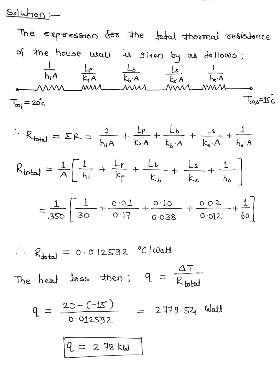 Solution :- The expression for the total thermal resistance of the house wall is given by as follows: Lp Lb Ls hia KpA Kb. A
