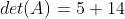 det(A)=5+14