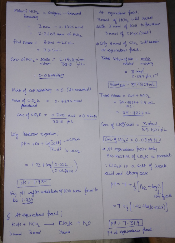 Moles of Helo Remaining = Original - Reacted = 3 mmol - 0.7395 mmol = 2.2605 monol of Heloz final volume = 8.5ml +25mL = 33.5