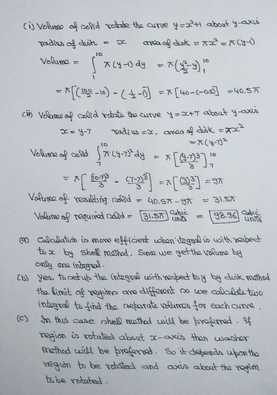 1o cij Volume of solid rotate the curve y=x+1 about yaxis radius of dust = x area of disk = T22 = F(Y-1) Volume = 5 764 -1) d