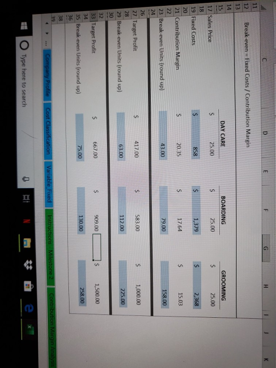 EL FG H 11 12 Break-even = Fixed Costs / Contribution Margin Brea! 13 14 DAY CARE BOARDING 25.00 GROOMING $ 25.00 25.00 17 Sa