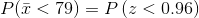 P(\bar{x} < 79) = P\left ( z< 0.96\right )