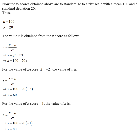 Now the z- scores obtained above are to standardize to a “k” scale with a mean 100 and a standard deviation 20. Thus, u = 100