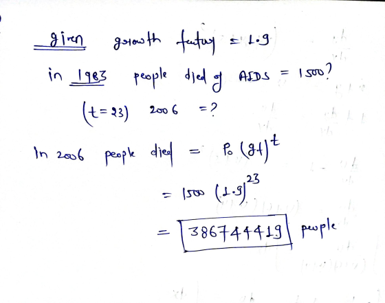 . 6 1 3 te! yu giren gorowth fantay in 1983 people died o AIDS = 1 sud? (t= 23) 2006 = ? in 2006 people died Pe (34) - 1500 (