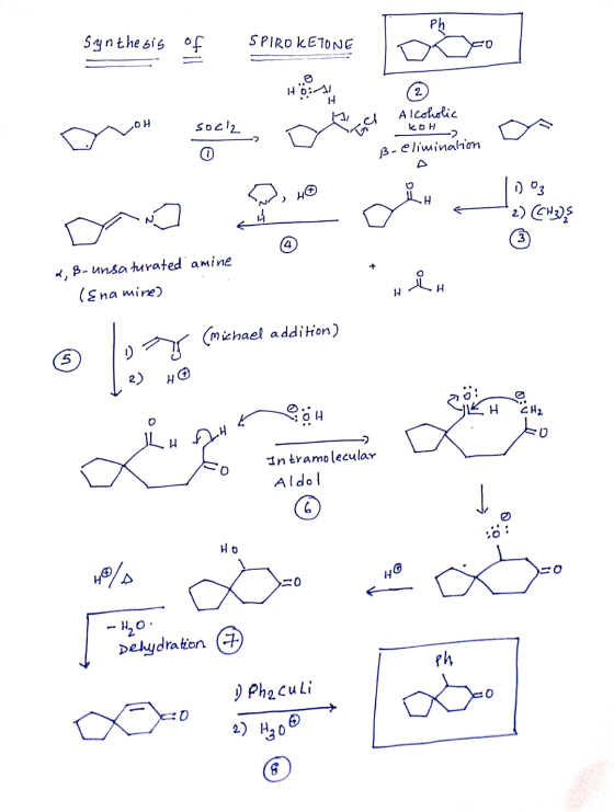Synthesis of SPIRO KETONE < =0 Alcoholic KOH 0 soc2 o B-eliminalion DO N, HⓇ 2) (CH3) 2, B- unsaturated amine (Ena mine) , он