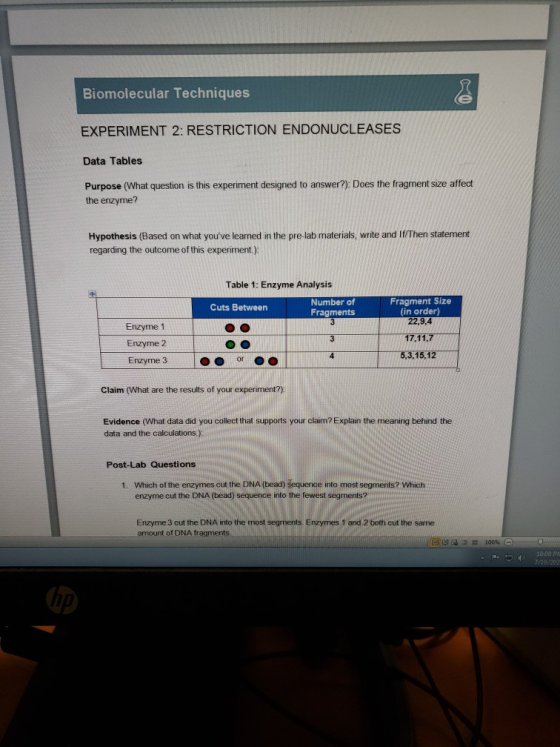 Biomolecular Techniques EXPERIMENT 2: RESTRICTION ENDONUCLEASES Data Tables Purpose (What question is this experiment designe